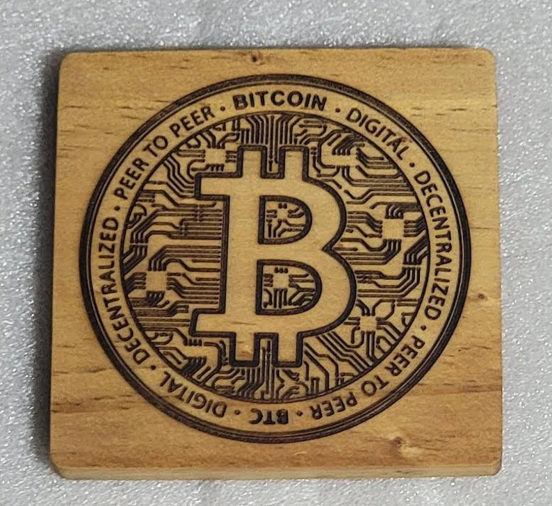 Decentralized. Peer to Peer. Bitcoin. Digital Wood Drink coaster - Too Good Engravings