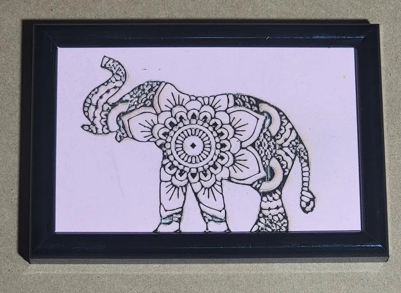 Elephant Print Framed Picture 4x6 hand made Limited painted wood cut engraved - Too Good Engravings