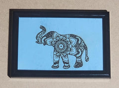 Elephant Print Framed Picture 4x6 hand made Limited painted wood cut engraved - Too Good Engravings
