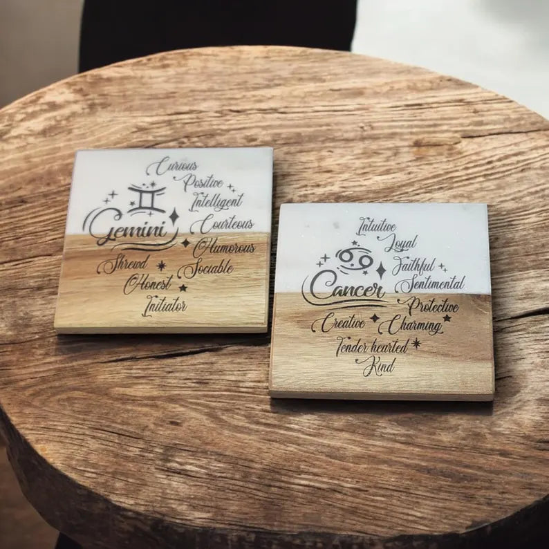 12 Zodiac Signs coaster blend of marble and wood Coaster Drink - Too Good Engravings