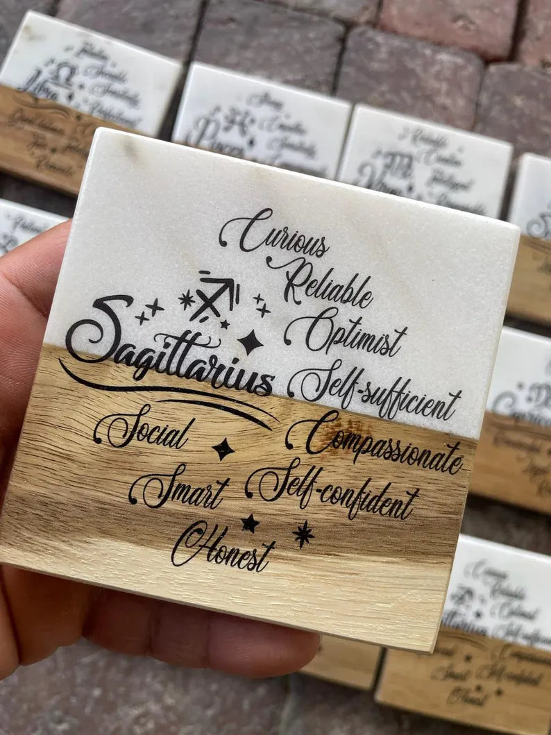 12 Zodiac Signs coaster blend of marble and wood Coaster Drink - Too Good Engravings