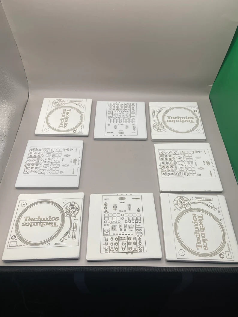 DEEJAY TURNTABLES COASTERS drink coasters dj set music 4 turntables 2 mixers - Too Good Engravings