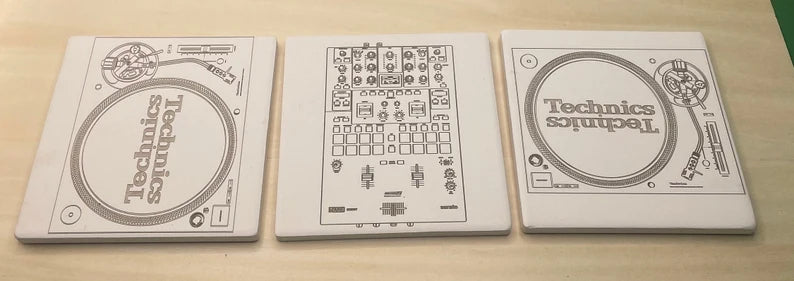 DEEJAY TURNTABLES COASTERS drink coasters dj set music 4 turntables 2 mixers - Too Good Engravings