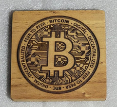 Decentralized. Peer to Peer. Bitcoin. Digital Wood Drink coaster - Too Good Engravings