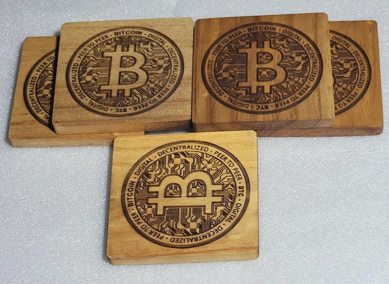 Decentralized. Peer to Peer. Bitcoin. Digital Wood Drink coaster - Too Good Engravings