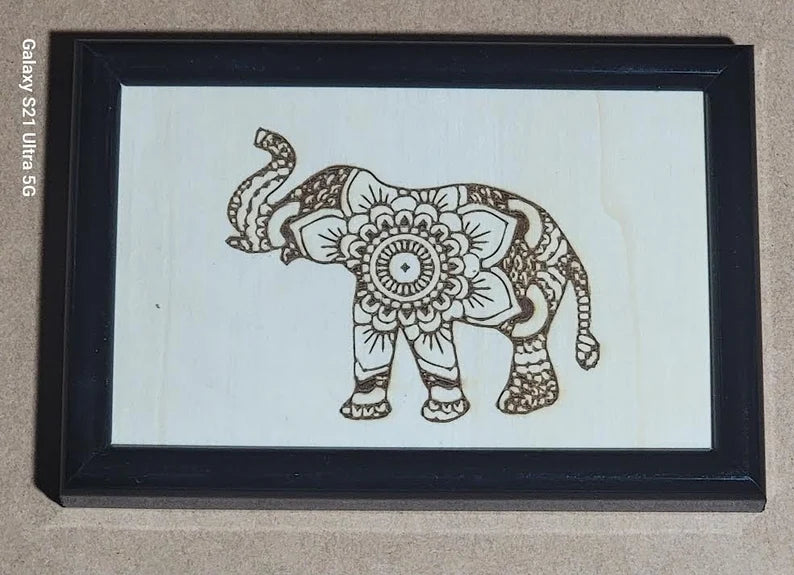 Elephant Print Framed Picture 4x6 hand made Limited painted wood cut engraved - Too Good Engravings