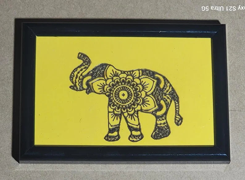 Elephant Print Framed Picture 4x6 hand made Limited painted wood cut engraved - Too Good Engravings