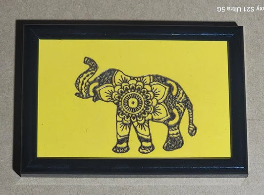 Elephant Print Framed Picture 4x6 hand made Limited painted wood cut engraved - Too Good Engravings
