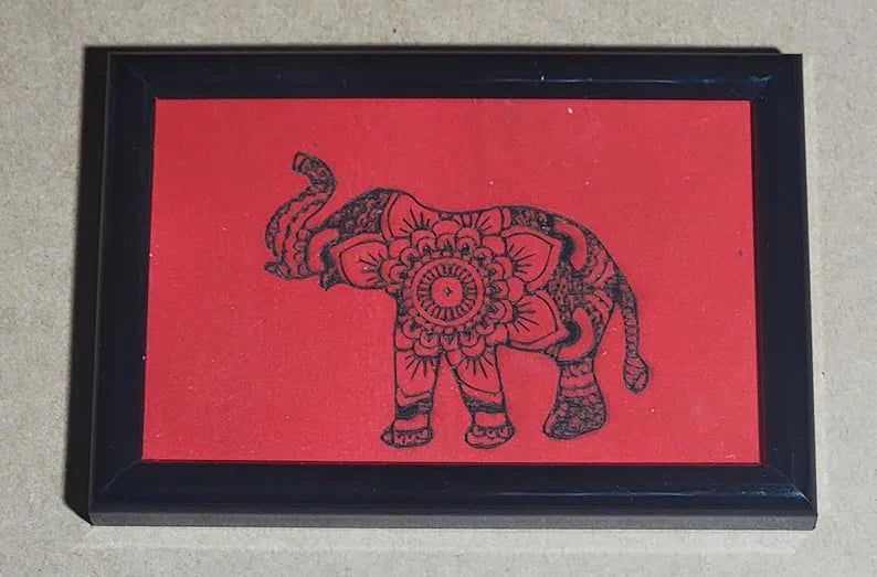 Elephant Print Framed Picture 4x6 hand made Limited painted wood cut engraved - Too Good Engravings