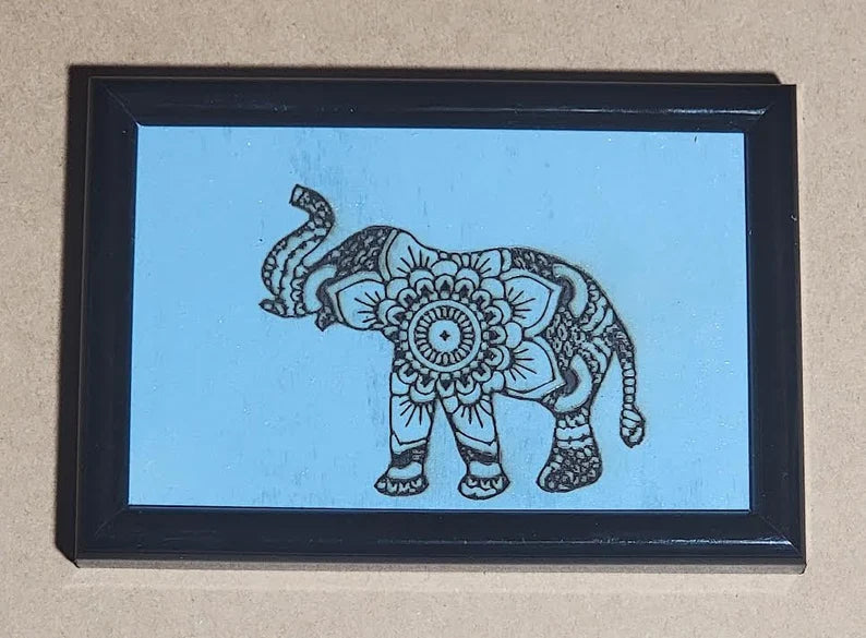 Elephant Print Framed Picture 4x6 hand made Limited painted wood cut engraved - Too Good Engravings