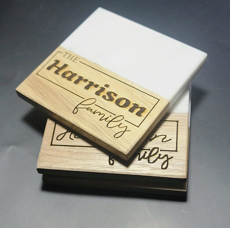 Marble Wood Coaster,Engraved Custom made Set, Personalized Special Gift; Housewarming , Wedding, Anniversary etc... - Too Good Engravings
