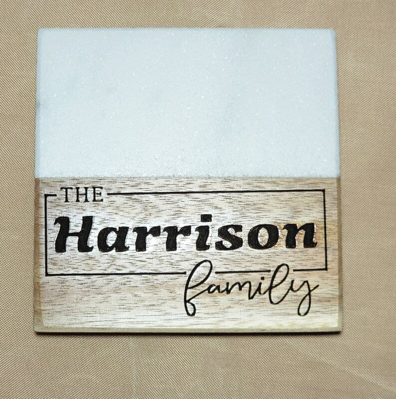 Marble Wood Coaster,Engraved Custom made Set, Personalized Special Gift; Housewarming , Wedding, Anniversary etc... - Too Good Engravings