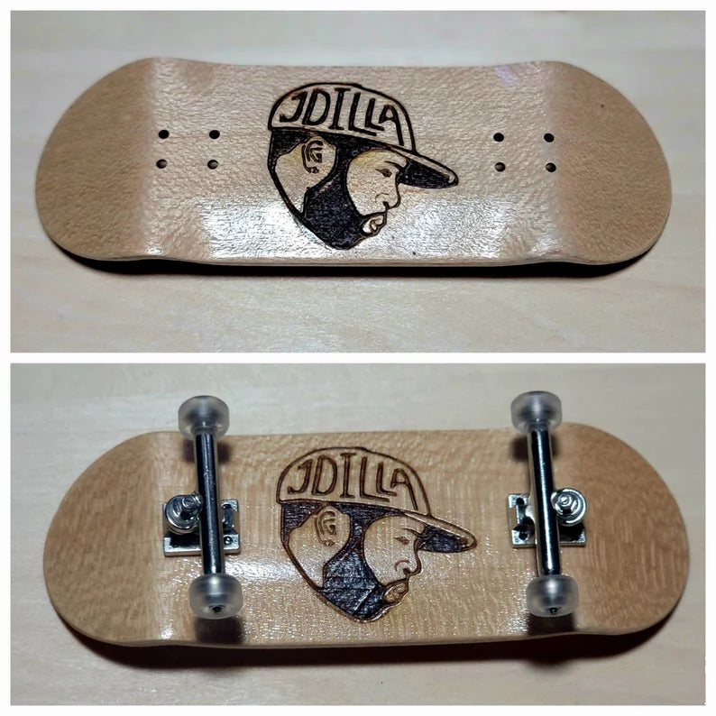 JDilla Fingerboard:Wood Engraved Fingerboard (skateboard) & Accessory and Suitcase bag - Too Good Engravings