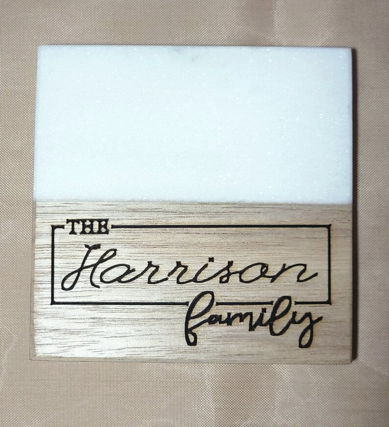 Marble Wood Coaster,Engraved Custom made Set, Personalized Special Gift; Housewarming , Wedding, Anniversary etc... - Too Good Engravings