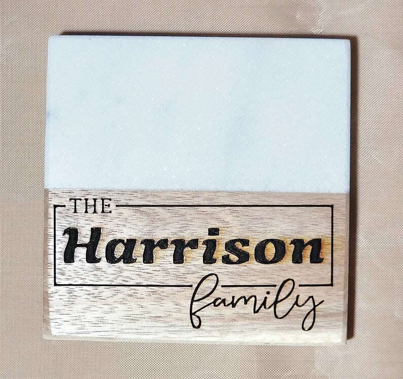 Marble Wood Coaster,Engraved Custom made Set, Personalized Special Gift; Housewarming , Wedding, Anniversary etc... - Too Good Engravings
