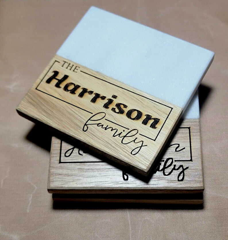 Marble Wood Coaster,Engraved Custom made Set, Personalized Special Gift; Housewarming , Wedding, Anniversary etc... - Too Good Engravings