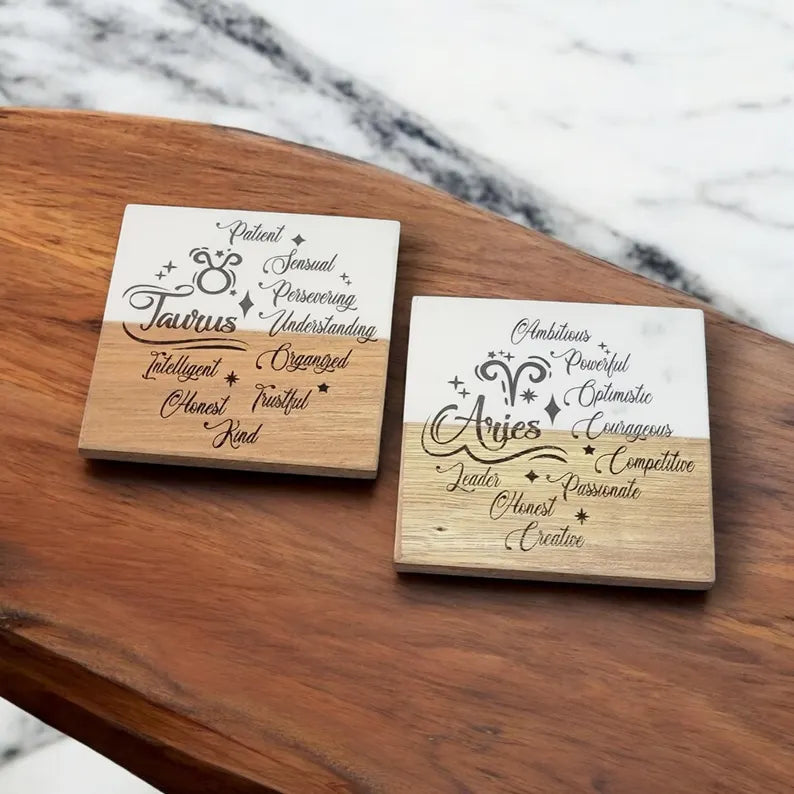 12 Zodiac Signs coaster blend of marble and wood Coaster Drink - Too Good Engravings