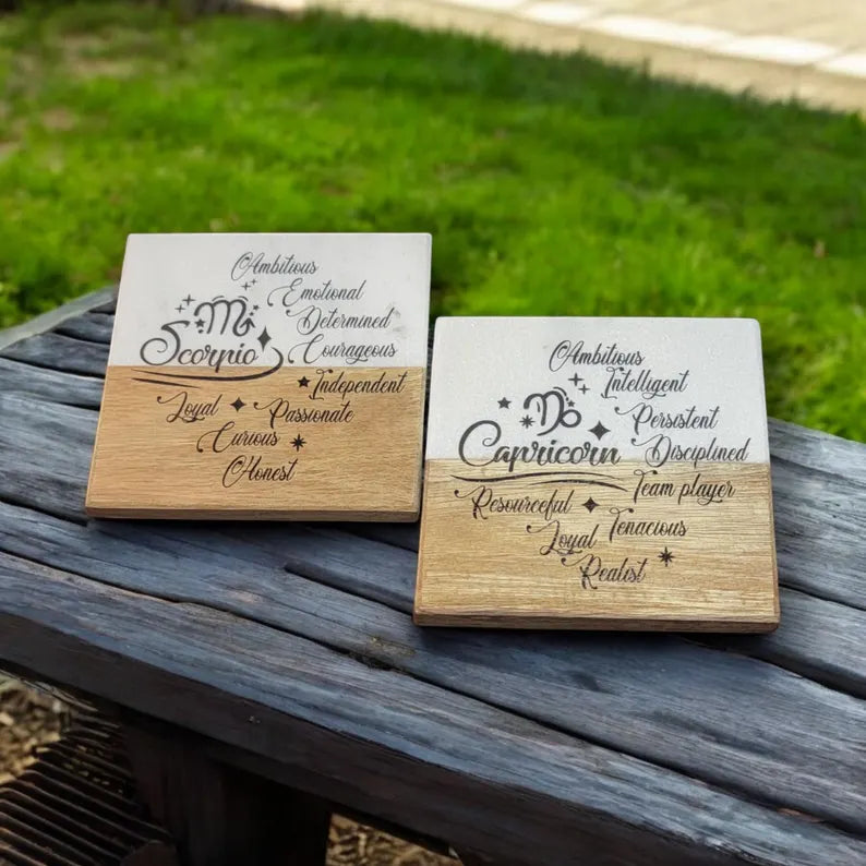 12 Zodiac Signs coaster blend of marble and wood Coaster Drink - Too Good Engravings