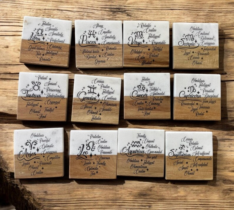 12 Zodiac Signs coaster blend of marble and wood Coaster Drink - Too Good Engravings