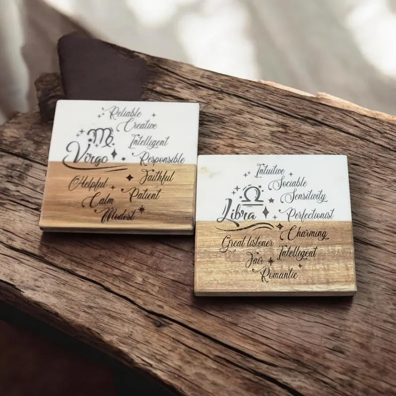 12 Zodiac Signs coaster blend of marble and wood Coaster Drink - Too Good Engravings